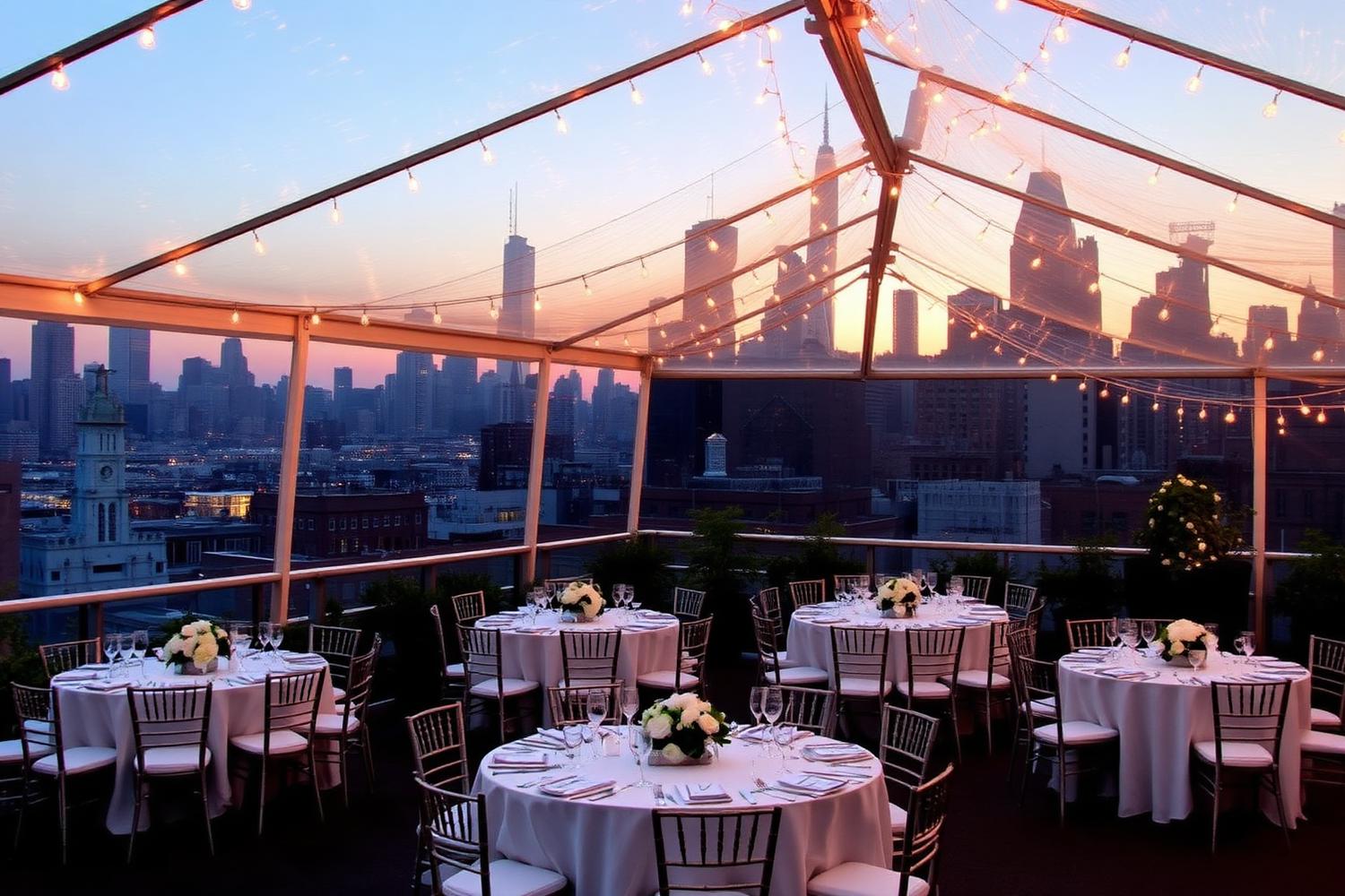 Clear-top tent on rooftop at dusk